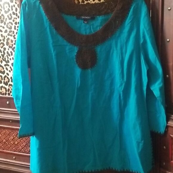 Chadwicks Teal with Brown Crochet Trim 3/4 Sleeve Shirt Size Large Vintage EUC - Picture 1 of 7